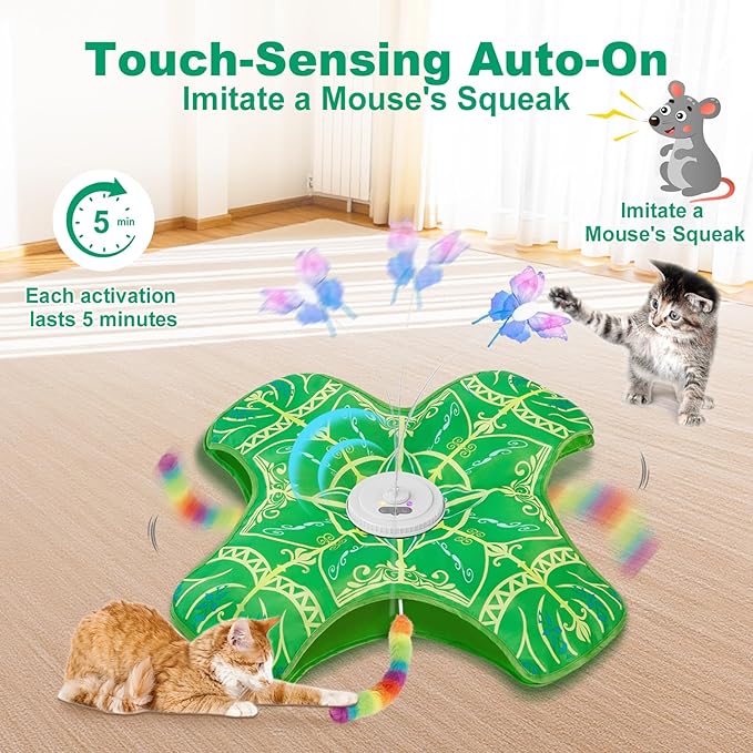 Interactive Cat Toys for Indoor Cats,[Newly Upgraded] Rechargeable Touch Activated Hide and Seek Kitten Toys for Bored Indoor Adult Cats with Fluttering (Green)