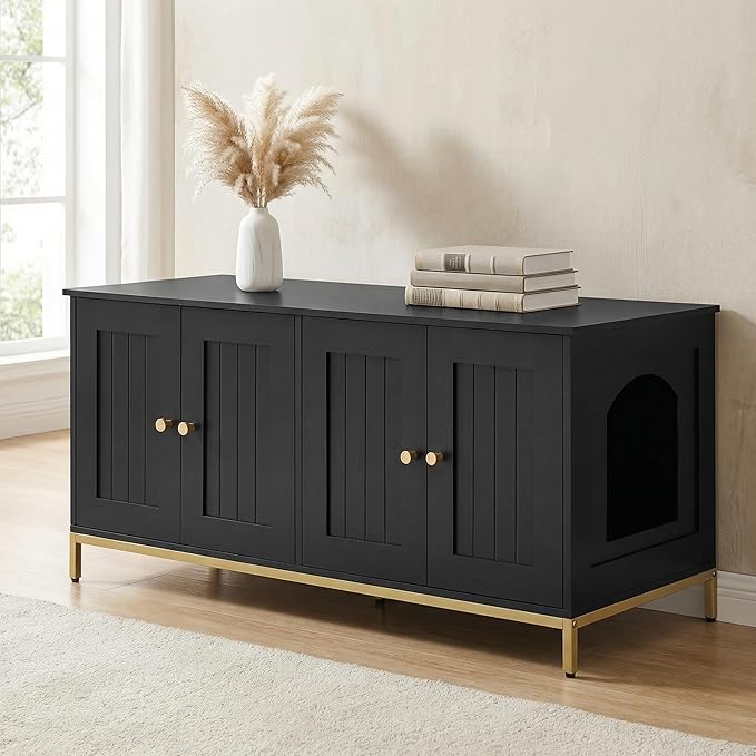 Homhedy Cat Litter Box Enclosure for 2 Cats, Cat Washroom Furniture with Double Room, Pet House with Metal Frame, 47.2”L x 17.7”W x 21.7”H, Black and Gold