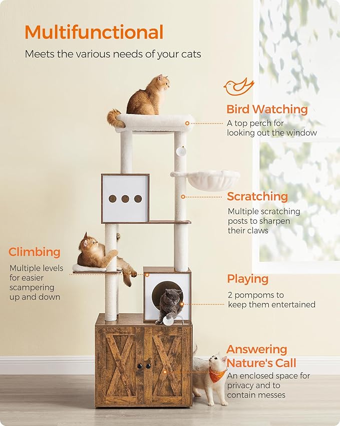 Feandrea Cat Tree with Litter Box Enclosure, 70.1-Inch Tall Cat Tower, 2-in-1 Modern Condo with Scratching Posts, Perch, Caves, Basket, Washable Cushion, Rustic Brown UPCT116X01