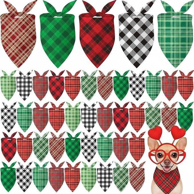 Weewooday 50 Pcs Valentine's & St. Patrick's Day Dog Bandanas Bulk Red & Green Plaid Bandanas for Dogs Soft Triangle Bibs Adjustable Scarf for Small Medium Large Pets(31.5 x 21.7 x 21.7 Inch)