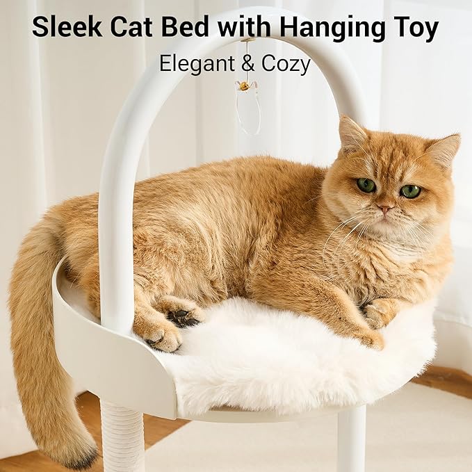 Modern Cat Tree Tower for Indoor Cats up to 12lbs, 34" H Furniture-Style Metal Cat Tower with Scratching Posts, Wood Cat Bed with Soft Plush Cushion Washable, Acrylic Capsule, Soft White