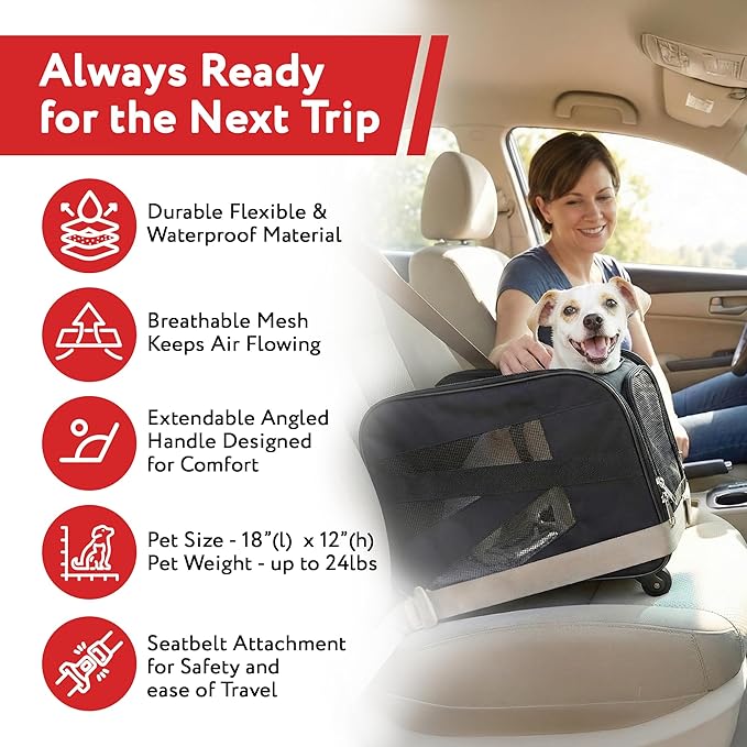 dbest products Rolling Pet Carrier with Wheels Airline Approved - TSA Dog Cat Carrier for Airplane Travel - Wheeled Pet Carrier 18x12x20 for Pets up to 24lbs - Collapsible Travel Bag