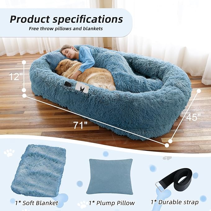 Human Dog Bed, 71''x45''x12'' Size Fits You and Pets, Washable Faux Fur Pet Bed for People Doze Off, Napping Orthopedic Dog Bed, Present Plump Pillow, Blanket, Strap - Rainbow