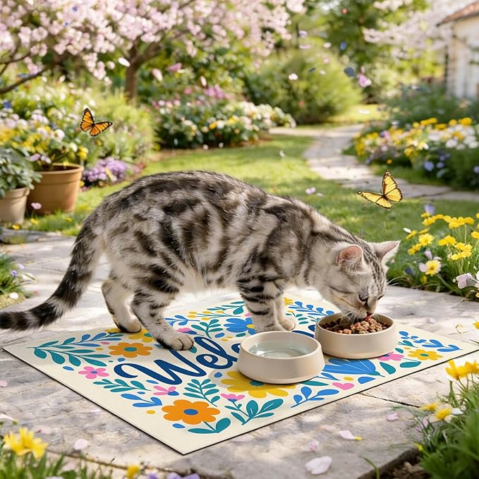 Spring Pet Feeding Mat 24" x 16" Colorful Welcome Floral Design Non Slip Dog and Cat Bowl Mat Easy Clean Pet Food Mats Fast Dry Cat Feeding Mats for Indoor Cats Absorbable Pet Food Pad