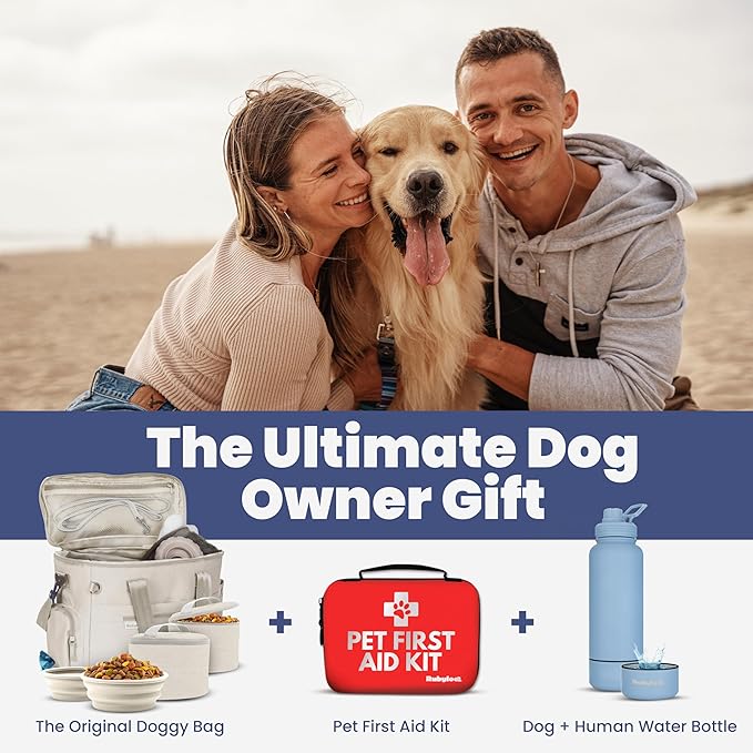 The Original Doggy Bag™ - Complete Dog Travel Bag for Supplies with 2 BPA-Free Travel Dog Bowls & 2 Pet Food Containers - Traveling Kit for Road Trips, Camping, Weekend Away or Doggy Gift: Beige