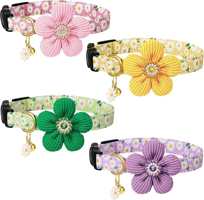 4 Pack Breakaway Cat Collars with Bells Flower Pendants Adjustable Floral Cat Collars with Bowtie Safety Kitten Collar for Girl Boy Cats
