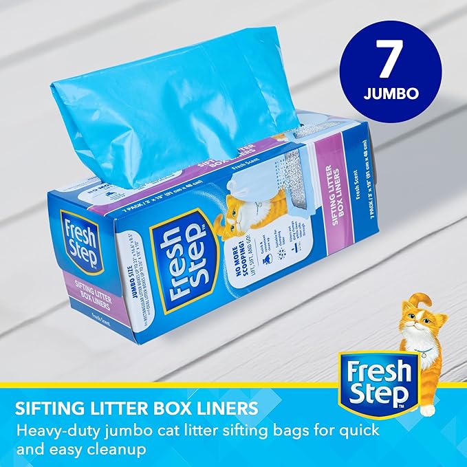 Fresh Step Jumbo Sifting Drawstring Cat Litter Box Liners, Heavy Duty Kitty Litter Bags for Extra Large Oval or Rectangle Pans, Helps Separate Waste for Easier Cleanup, 36 x 19 in, 7 Ct