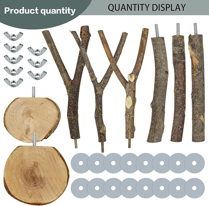 8 PCS Natural Bird Perch Set - Apple Wood Platforms & Hardwood Branches for Parakeets, Cockatiels, Lovebirds - Natural Cage Accessories, Gym Playstand & Chewing Toys for Small Birds