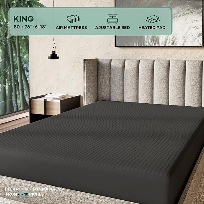OhGeni 100% Waterproof Mattress Protector, King-Gray Size Mattress Pad, Fits 6"-20" Mattresses with Deep Pocket, Cooling, Breathable Fitted Sheets, Soft Bed Cover, Noiseless, Machine Washable