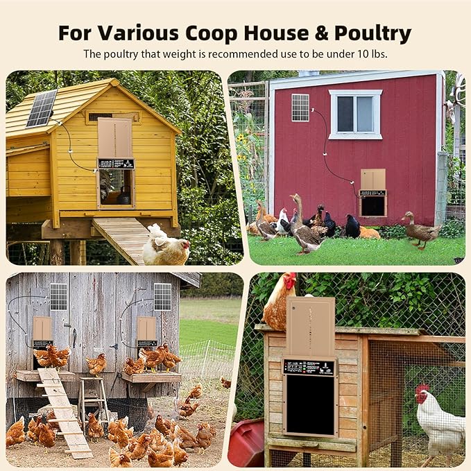2025 Upgrade 7W Solar Power Chicken Door, Pet Deluxe Automatic Chicken Coop Door with 10PCS Wire Clip, Timer, Light Sensor, LCD Display & Anti-Pinch Durable Aluminum Auto Coop Door with 4 Modes-Brown