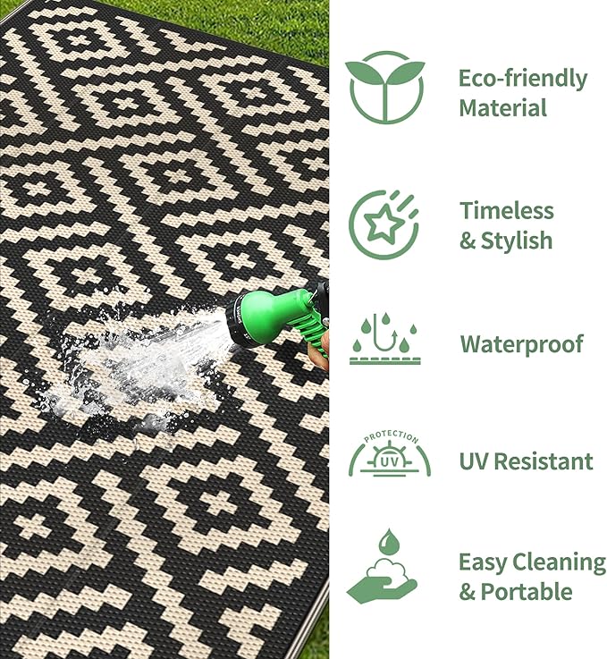 GENIMO Outdoor Rug for Patio Clearance, 9'x18' Waterproof Camping Mat, Reversible Plastic Straw Rugs for RV, Camper, Balcony, Backyard, Picnic, Deck (Black & Beige)