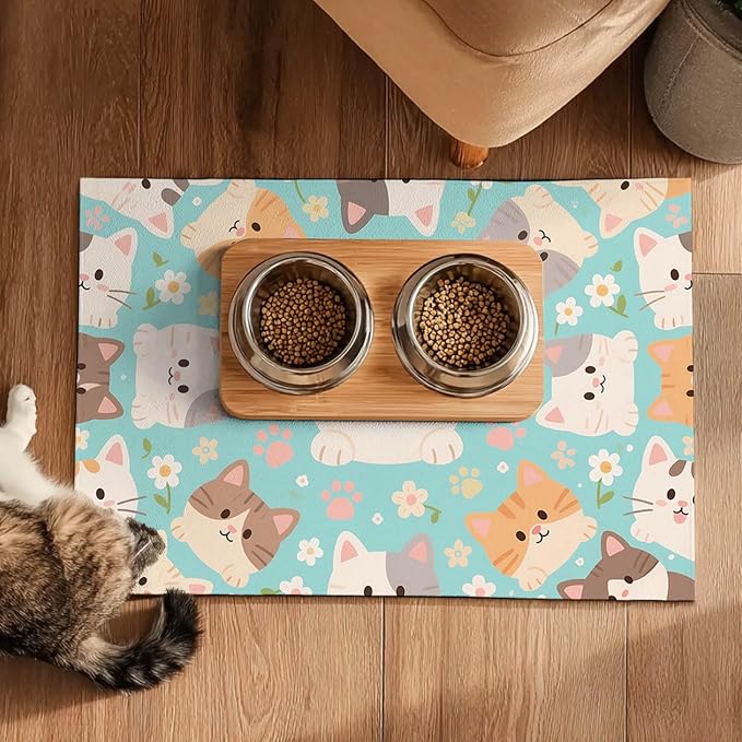 Cat Feeding Mat 24x16 inch Blue Kitten Print Pet Bowl Placemat Non Slip Floor Mat for Food and Water Indoor Kitty Feeding Station Cute Meal Pad for Small Pets Kitchen Use