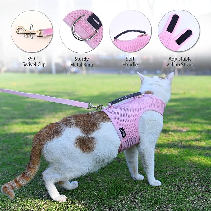 Cat Harness and Leash for Walking Escape Proof Breathable Mesh Fabric, Solid Pink, Medium, Adjustable Cat Walking Jackets with Handle, Padded Stylish Cat Vest
