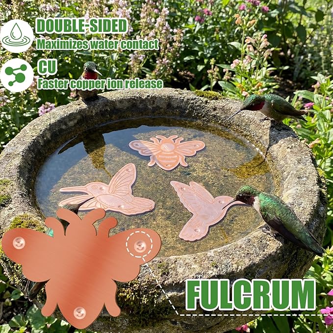 4 Pack Bird Bath Copper Disk Bird Bath Purification Disk with Triple-Point Support 99.99% Pure Copper Water Cleaner for Outside Bowl, Physical Safe Clean Water(Bee)