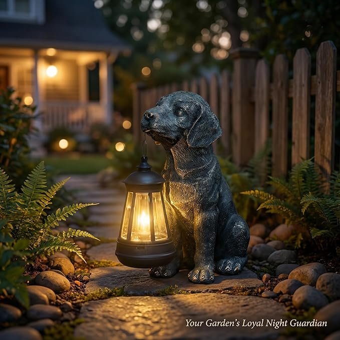 Lyeasw Solar Dog Statues with Lantern – Waterproof Outdoor Dog Figurines for Garden, Yard & Porch, Auto On/Off Solar Light, Birthday for Mom & Dog Lovers