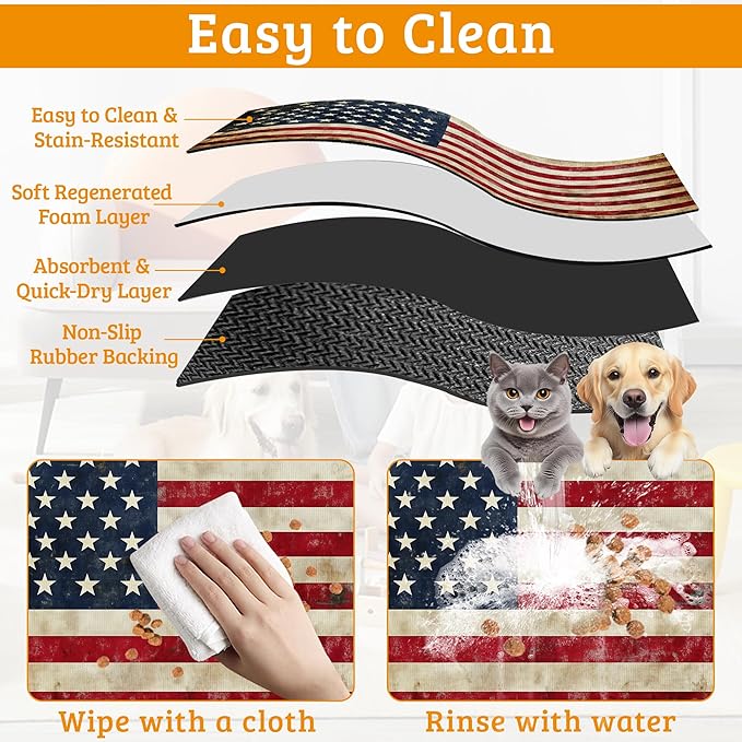 Retro Flag Dog Cat Food Mat,Absorbent Waterproof Placemat for Food and Water Non Slip Rubber Backing Durable Feeding Pad for Clean Floors 16" x 24"