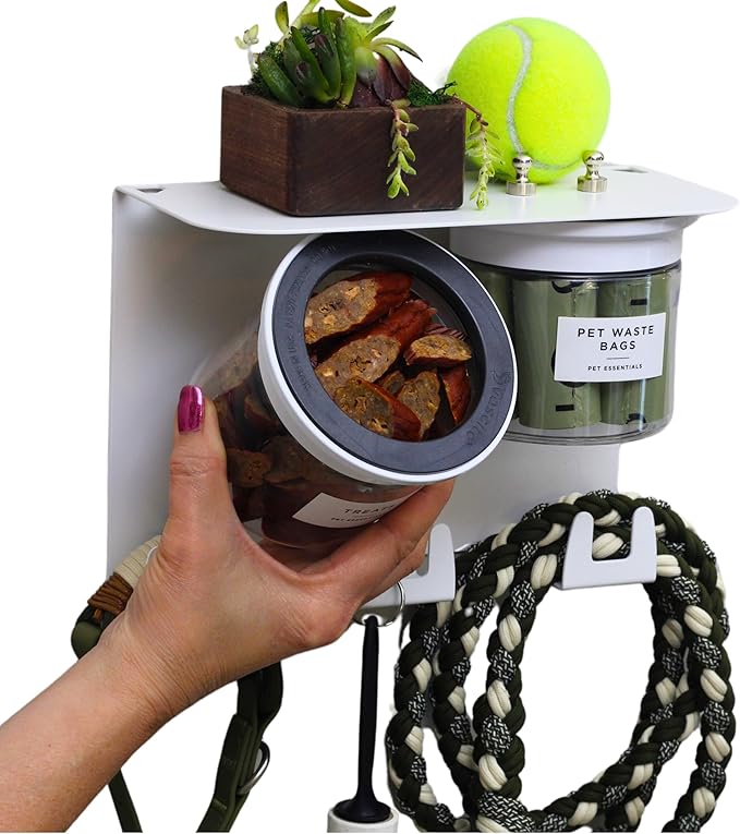 Dog Treat Holder For Wall Storage For Pets, Premium Pet Wall Organizer, Includes Two 16oz Airtight Dog Treat Jars, 3 Sets of Triple Hooks, Sturdy Shelf in Designer White