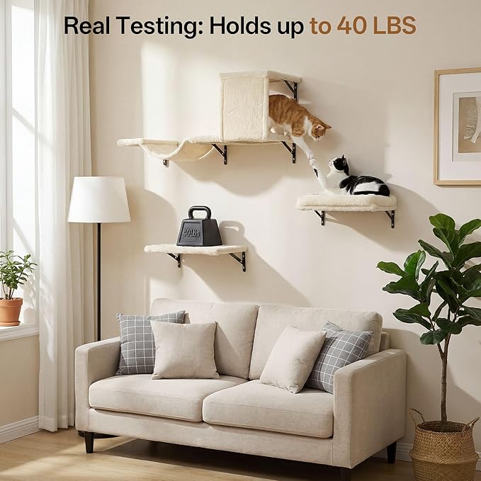 MEWANG 5-in-1 Cat Wall Shelves: Cat Climbing Furniture with Wall Mounted Perch & Lounge for Indoor Cats, Space-Saving Wall Pet Shelves for Play & Rest - Beige