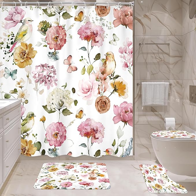4 PCS Pink Floral Birds Bathroom Set with Shower Curtain and Rugs 72Wx72H Inch Classical Watercolor Non-Slip Bath Rug Toilet Lid Cover and U Shape Mat Accessories 12 Hooks Bathoom Decor