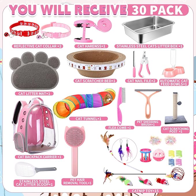 31 Pcs Kitten Supplies Starter Kit Kitten Essentials Starter Kit Include Stainless Steel Cats Litter Box Backpack Cat Scratcher Kitten Toys Accessories for Kitten Welcome Gift Supplies