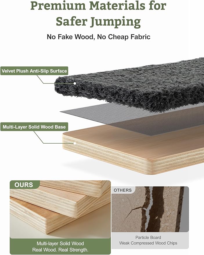 5-in-1 Cat Wall Shelves, Solid Wood & Velvet & Sisal Scratcher, 44lbs Max Load, Wall Mounted Cat Furniture for Climbers, Cat Climbing Wall System, Fits Drywall & Solid Walls - Dark Gray