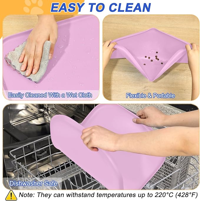 Silicone Pet Feeding Mat with Raised Edge for Food and Water, Dog Bowl Mats, Cat Bowls Placemat with High Lip for Floor Waterproof, Rubber Tray for Cats and Dogs 24 x 16 x0.8 Light Pink