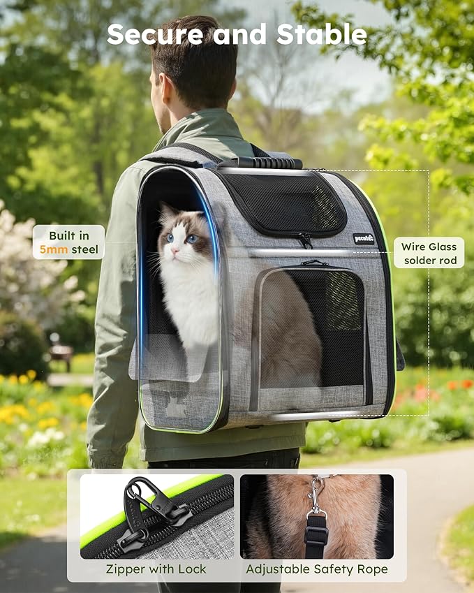 Pecute Cat Backpack Carrier XL, Expandable Pet Backpack for Cats & Small Dogs Up to 15lbs, with 4-Side Breathable Mesh, Multi-Entry & Lockable Zippers for Travel, Hiking, Camping - Hands Free, Gray