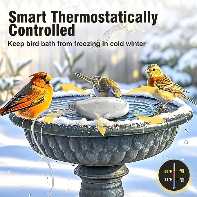 Bird Bath Heater for Outdoors in Winter, 120W Birdbath Heaters for Outdoor Bird Bath Deicer Pond De-icer with Thermostatically Control, Heated Bird Bath Water Heater for Bird Chicken Livestock (White)