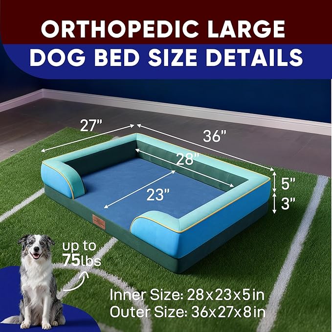 Comfort Expression Orthopedic Dog Bed for Large Dogs 36x27 Inch, Waterproof Egg Crate Foam Large Pet Bed with Removable Bolsters, Dog Couch with Washable Cover & Non-Slip Bottom, Dallas