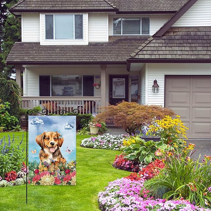Dog Welcome Garden Flag Welcome Happy Butterfly Dog Animals Outdoor Garden,Flag Welcome Spring Summer Garden Flag,Flower House Seasonal Decoration -12 x 18"Inch Double Sided
