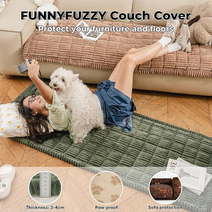 FUNNY FUZZY Pet Couch Covers for Sofa, Washable Dog Couch Cover Protector for Dogs, Flannel Couch Covers for Dogs Pet Friendly Pets Mat Bed Sofa Cover (Dark Green, 27.6"×82.7")