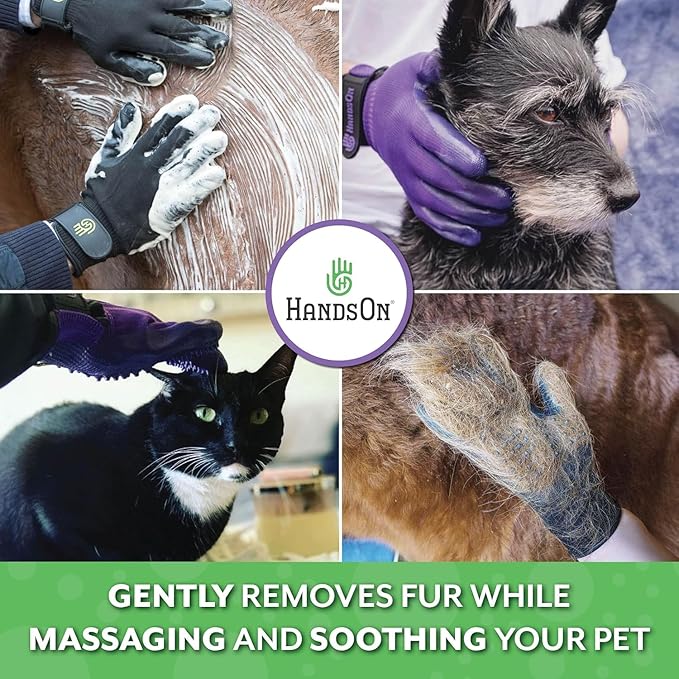 H HANDSON Pet Grooming Gloves - Patented #1 Ranked, Award Winning Shedding, Bathing, & Hair Remover Gloves - Gentle Brush for Cats, Dogs, and Horses (Purple, Large)