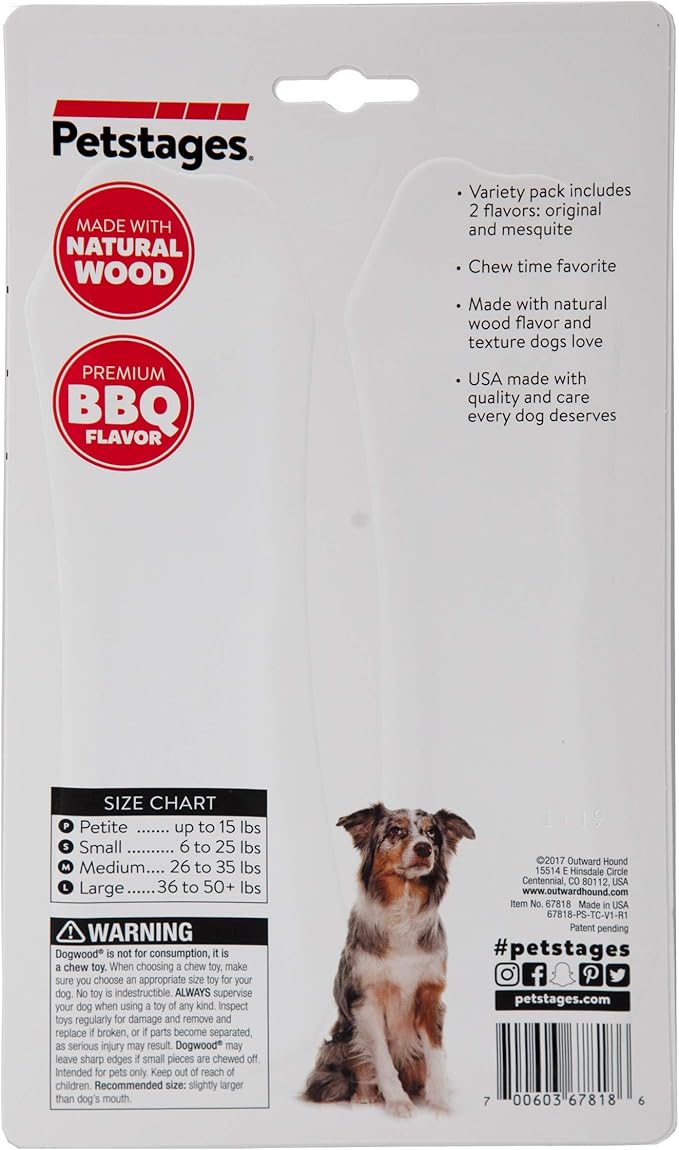 Outward Hound Pupstages Dogwood Mesquite Dog Chew Toy – Real-Wood Blend, Moderate Chewers, Medium, 7.5", 2-Pack (Natural & Mesquite Flavors)