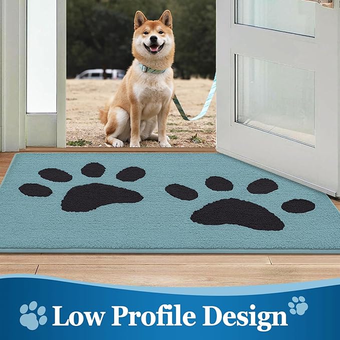 Buganda Dog Door Mat for Muddy Paws, Absorbent Dirt Trapper Washable Indoor Doormats, Non Slip Low-Profile Mud Mat for Dogs, Front Entrance Doormat for Inside Floor (30x20 Inches, Blue)