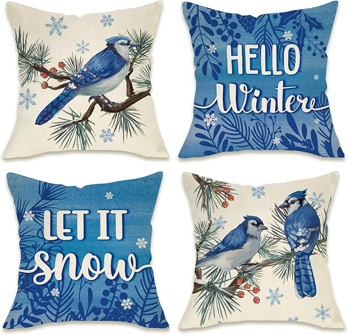 Fahrendom Hello Winter Bluebird Decorative Throw Pillow Covers 18x18 Set of 4, Let It Snow Blue Jay Branch Porch Patio Outdoor Pillowcase, Christmas Pine Needle Red Berry Sofa Cushion Case Home Decor