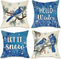 Fahrendom Hello Winter Bluebird Decorative Throw Pillow Covers 18x18 Set of 4, Let It Snow Blue Jay Branch Porch Patio Outdoor Pillowcase, Christmas Pine Needle Red Berry Sofa Cushion Case Home Decor