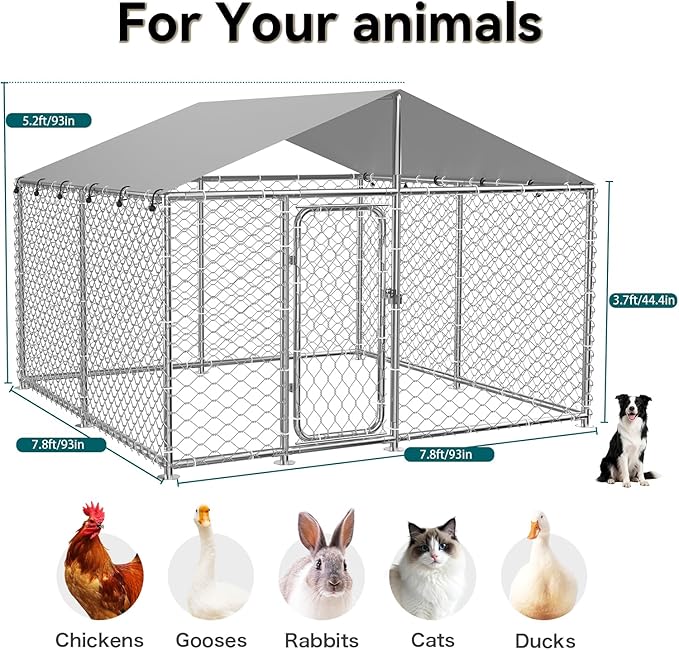 7.8'x7.8' Outdoor Dog Kennel, Heavy-Duty Dog Enclosure with Wire Mesh Fence, Lock & Waterproof Cover for Large Dogs