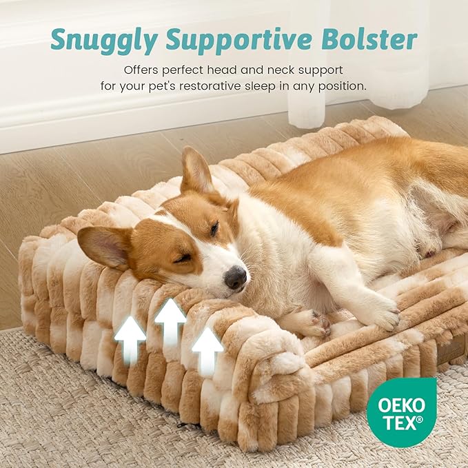 Cute Dog Bed, Faux Rabbit Fur Orthopedic Foam Dog Bed with Sides, Removable Washable Cover & Waterproof Lining, Comfortable Pet Couch for Medium Dogs, Tie-Dye Brown (36" L x 20" W x 6" Th)