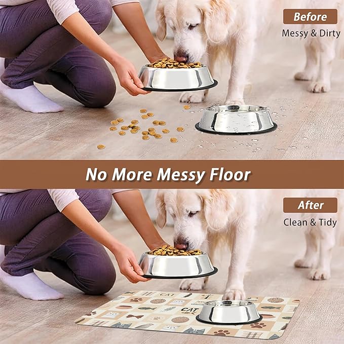 Cute Cat Toy Print Dog Food Mat for Floors,Absorbent Pet Food and Water Bowl Mats,Non-Slip Pet Feeding Mat,Pet Supplies 12" x 20"