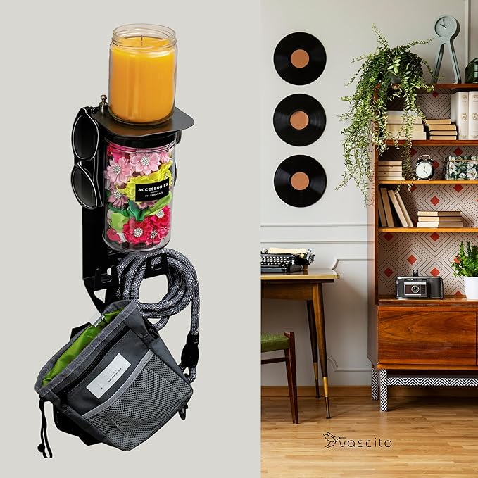 Dog Treat Holder For Wall Storage For Pets, Premium Pet Wall Organizer, Includes One 32oz Airtight Dog Treat Jar, 2 Sets of Triple Hooks, Sturdy Shelf in Modern Black