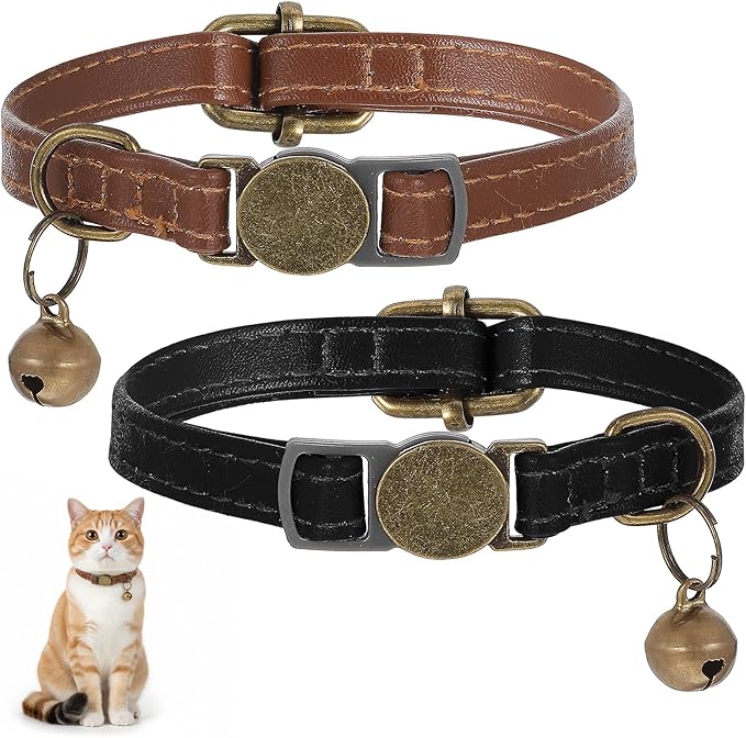 2 Pcs PU Leather Cat Collar Breakaway with Bell, Personalized Adjustable Cat Collars Retro Collars Pet Leather Collar with Quick Release Buckle for Cats Kittens