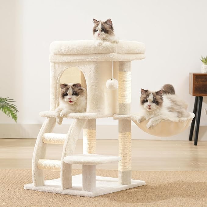 Heybly Cat Tree Tower, Cat condo for Indoor Kittens, Cat House with Wide Plush Top Perch, Ladder, Basket, Sisal-Covered Scratching Posts, Cozy Activity Center for pet, Beige HCT009SM