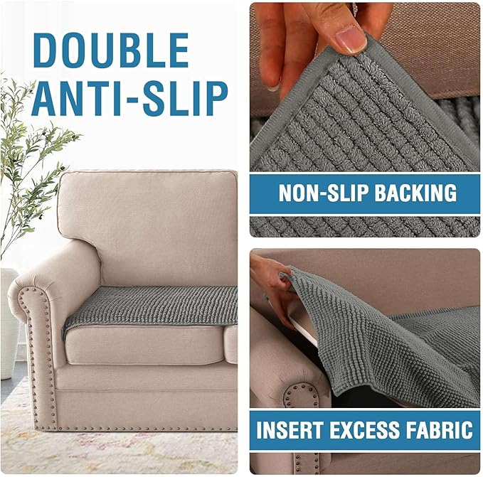 H.VERSAILTEX Plush Chenille Couch Cover for 3 Cushion Couch Anti Slip Washable Sofa Slipcovers Soft and Durable Furniture Protector for Dogs Cats Kids (27.5" x 59", Gray)