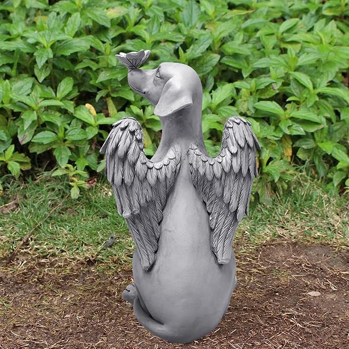 Angel Figurine Memorial Pet Puppy Dog Butterfly Stone Statue with Wings Garden Grave Monument Marker Decor Polyresin Angel Figures Statue Tombstone Sculpture Ornament Loss of Dog Sympathy Gift