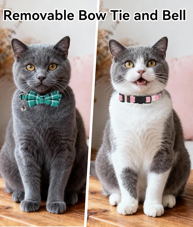 Joytale Upgraded Cat Collar with Bells, Breakaway Cat Collars with Bow Tie, 2 Pack Girl Boy Safety Plaid Kitten Collars, Pink+Teal