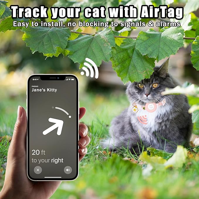 Airtag Cat Collar, JXFUKAL Kitten Collar Breakaway with Silicone Airtag Holder, Bells & Flower Charm for Girl Cats Boy Cats Small Dogs(Pink)