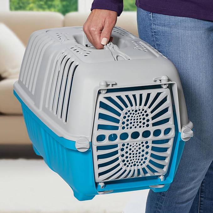 MidWest Homes for Pets Spree Travel Carrier – Hard-Sided Dog & Cat Carrier, Small Pet Travel Crate with Handle, Ventilated Design, Durable Plastic Door, Easy Assembly, 19-Inch, Blue