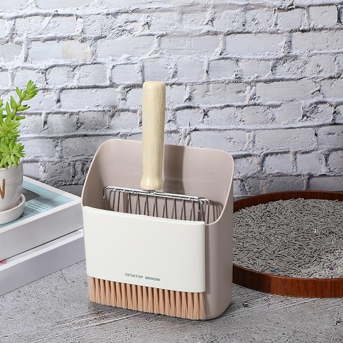 Cat Litter Scooper Kit Wooden Handle Metal Cat Litter Scoop Includes Small Broom and Dustpan Set Portable Cleaning Brush and Dustpan Combo Kitty Litter Scooper(Coarse Grid,Gray)