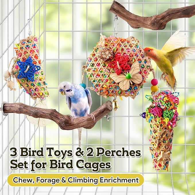 Bird Toys, Parakeet Foraging Toys, Hanging Chewing Toys with Natural Wooden Perches, Bird Cage Accessories, Suitable for Parakeets, Cockatiels, Budgies, Lovebirds & More