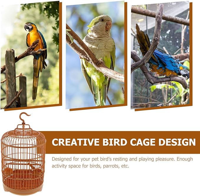 VILLCASE Round Bird Cage for Small Birds, 9.8" X 17.6 “ Plastic Travel Carrier for Parakeets Budgies Finches, Vintage Hanging Style Birdcage Prop with Feeder Cups for Vet Visits & Decor Snap-Fit